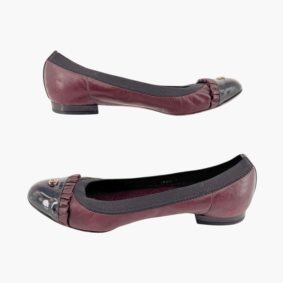 Chanel CC Ruffle Cap Toe Ballet Flats EU 37 US 6-6.5 Brown Burgundy Leather - Picture 10 of 15